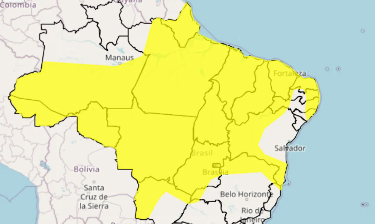 O mapa mostra as &aacute;reas em alerta amarelo para chuva intensa, regi&otilde;es Norte e Nordeste, que ser&atilde;o mais impactadas pelo volume de chuva, e cidades do Centro-Oeste e Sudeste podem ser atingidas.