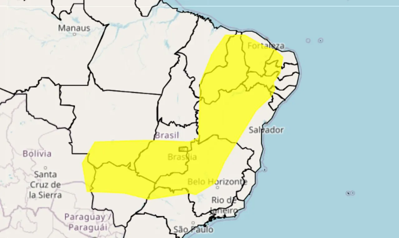 o mapa mostra as &aacute;reas em alerta para chuva intensa e ventos fortes