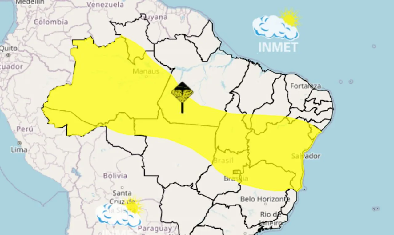 O mapa mostra as &aacute;reas em alerta para chuva intensa e ventos