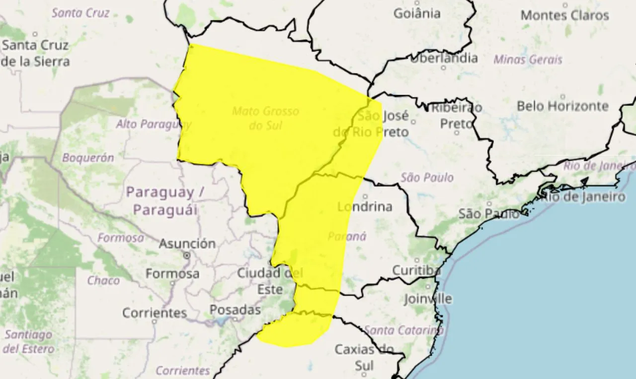 O mapa mostra as &aacute;reas em alerta para chuva intensa
