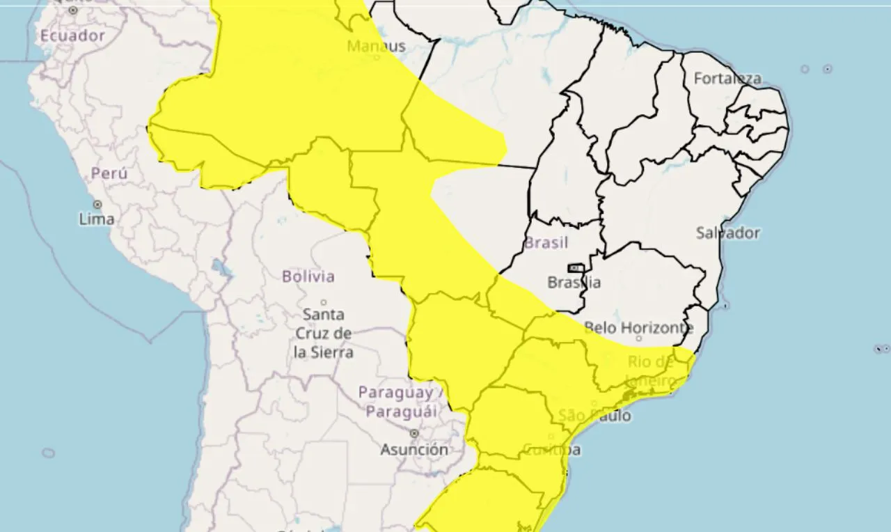 o mapa mostra as &aacute;reas em alerta para chuva intensa