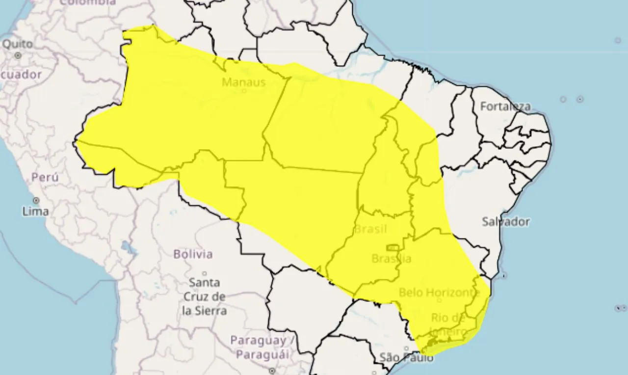 o mapa mostra as &aacute;reas em alerta para temporais e ventos
