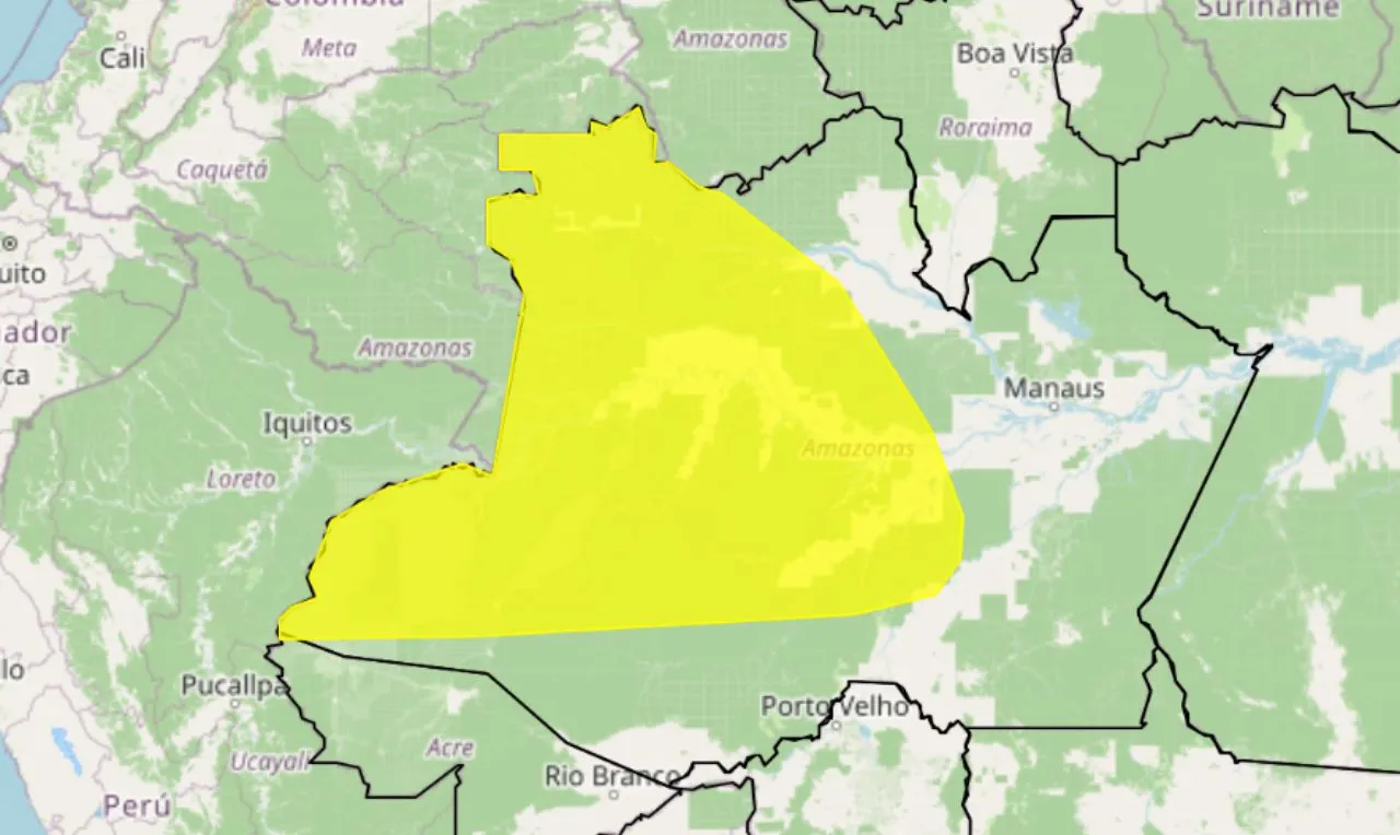 o mapa mostra as &aacute;reas em alerta amarelo