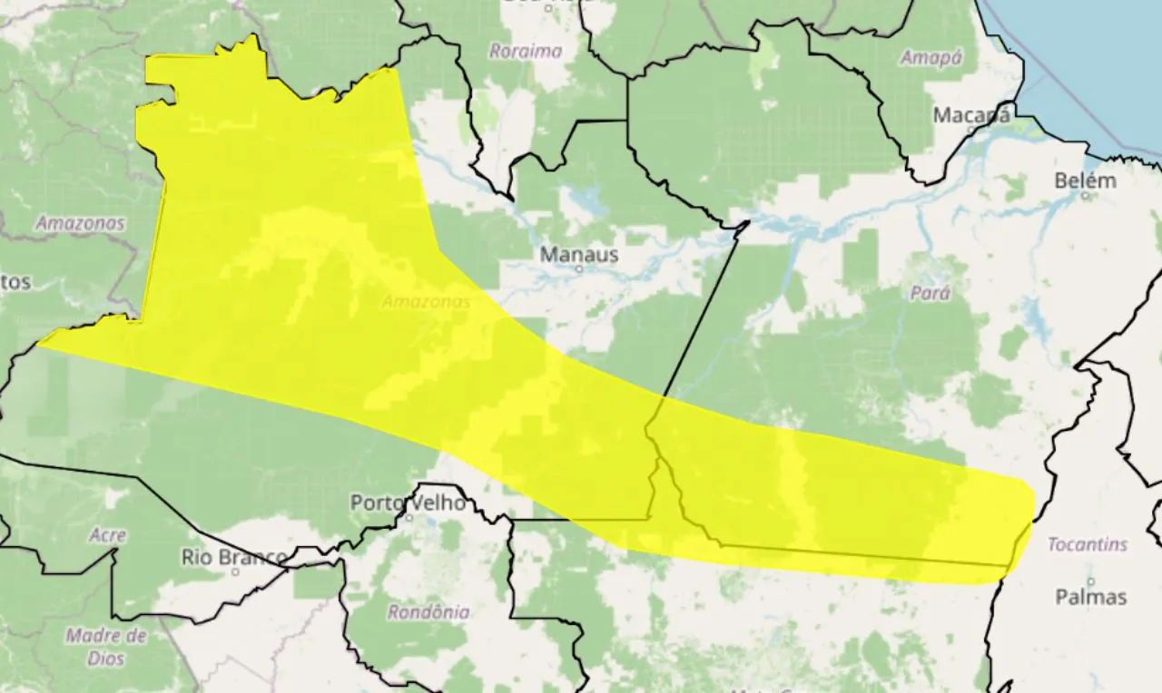 O mapa mostra as &aacute;reas em alerta amarelo para chuva intensa no Norte e Mato Grosso