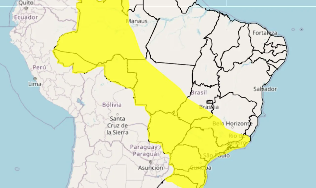 o mapa mostra as &aacute;reas em alerta para chuva intensa e ventos fortes