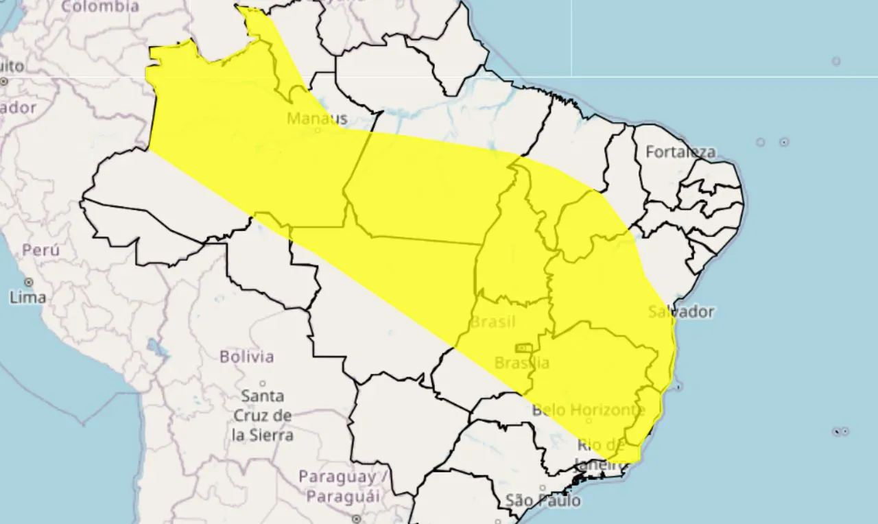O mapa mostras as &aacute;reas em alerta para chuva intensa em v&aacute;rias &aacute;reas do Brasil