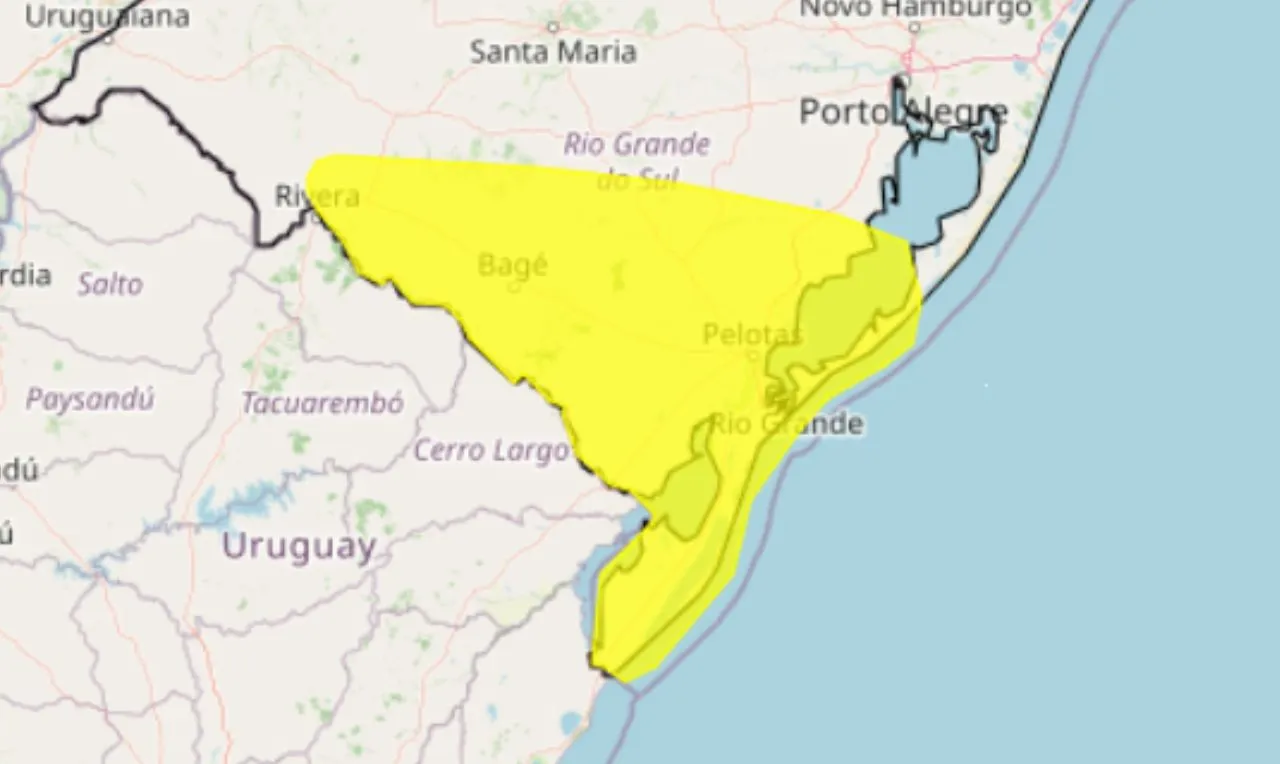 o mapa mostra as &aacute;reas em alerta para temporais e ventos