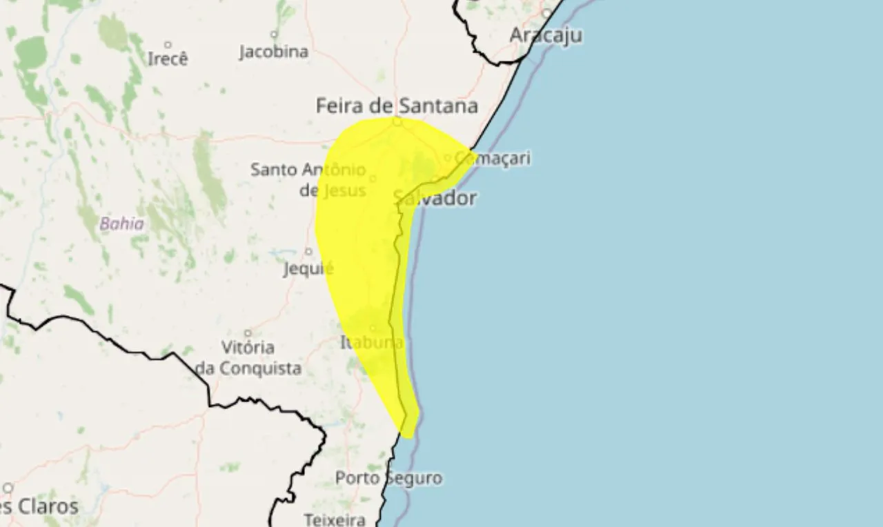 o mapa mostra as &aacute;reas em alerta para chuva intensa
