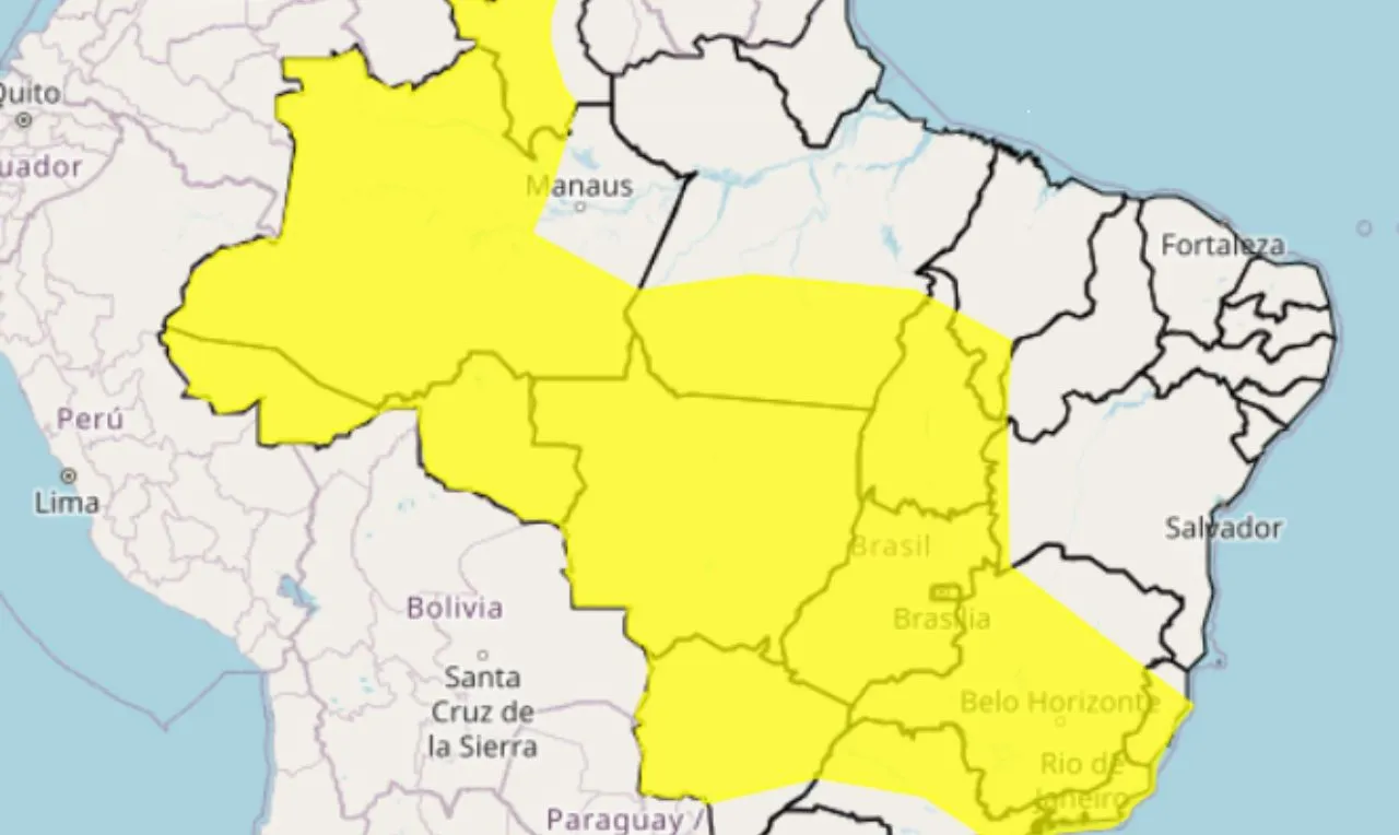 O mapa mostra as &aacute;reas em alerta amarelo para chuva intensa e ventos fortes