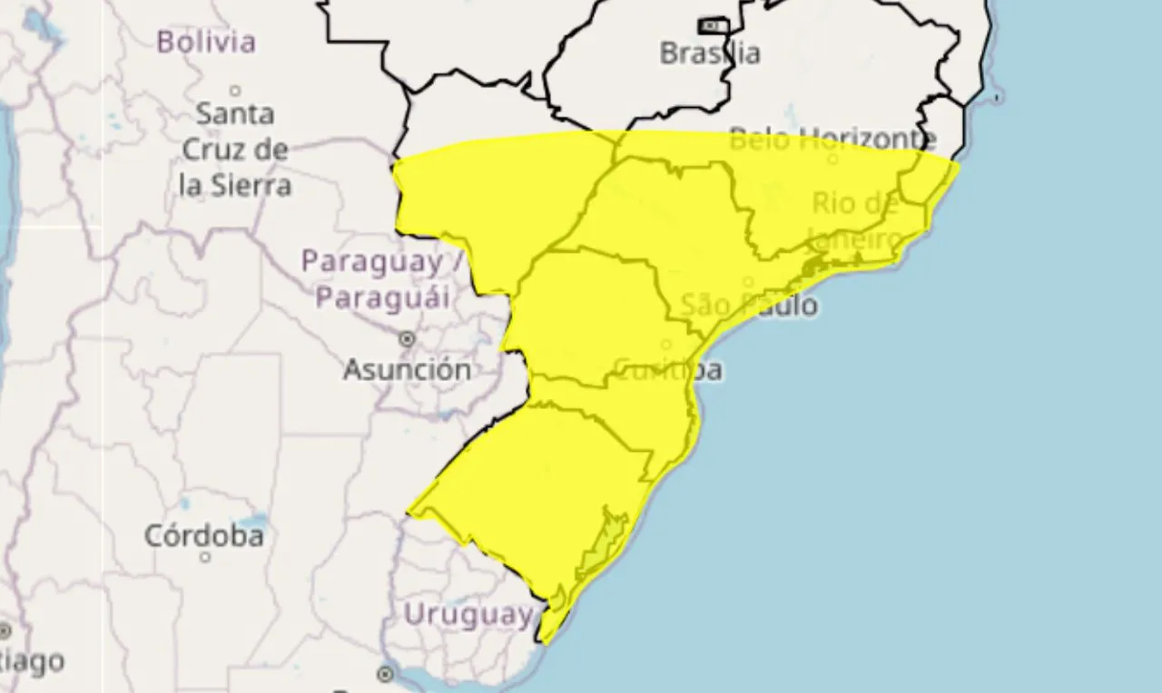 O mapa mostra as &aacute;reas em alerta amarelo para temporal e ventos intensos