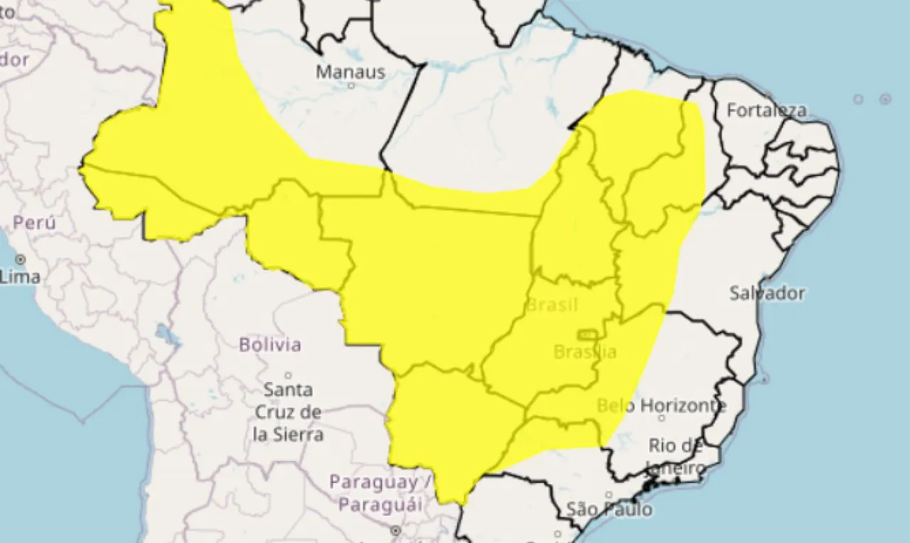 O mapa mostra as &aacute;reas em alerta para chuva intensa, ventos e temporais