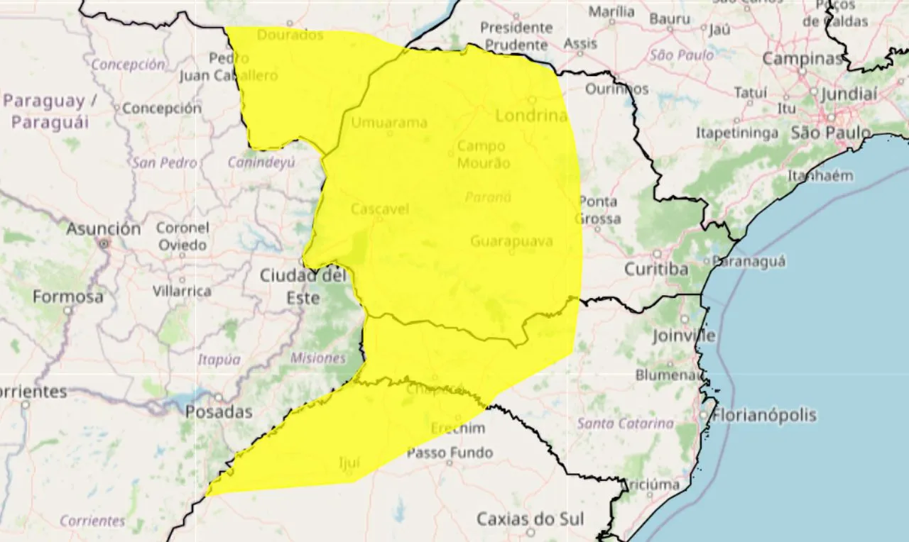 o mapa mostra as &aacute;reas em alerta para temporais e chuva intensa