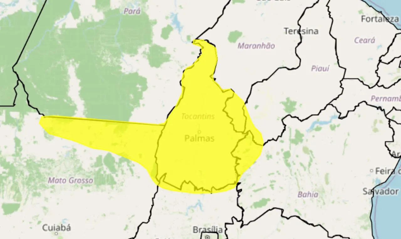 o mapa mostra as &aacute;reas em alerta para chuva intensa e ventos fortes