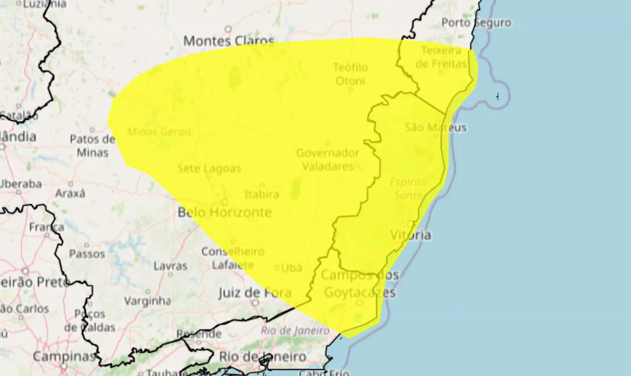 O mapa mostra as &aacute;reas em alerta amarelo para chuva intensa