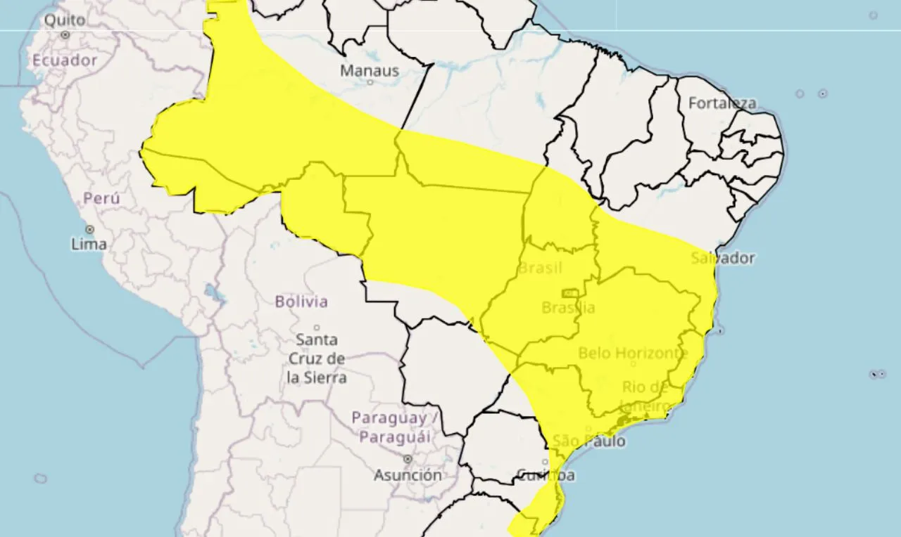 o mapa mostra as &aacute;reas em alerta para chuva intensa e ventos