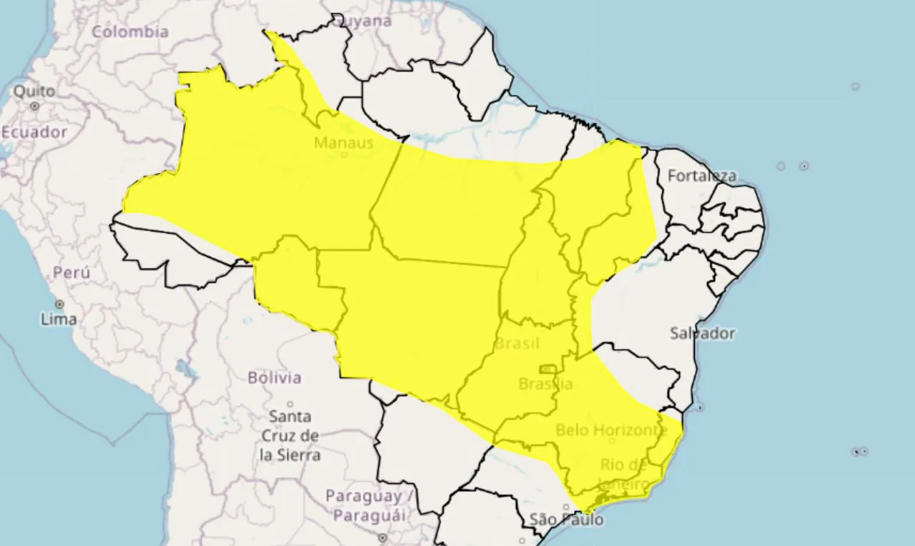 O mapa mostra as &aacute;reas em alerta para temporais e ventos intensos