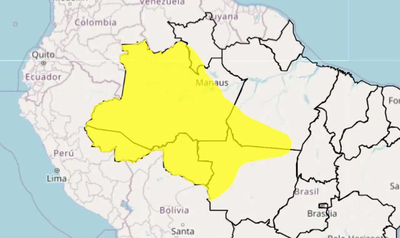 O mapa mostra as &aacute;reas em alerta para chuva intensa e ventos fortes