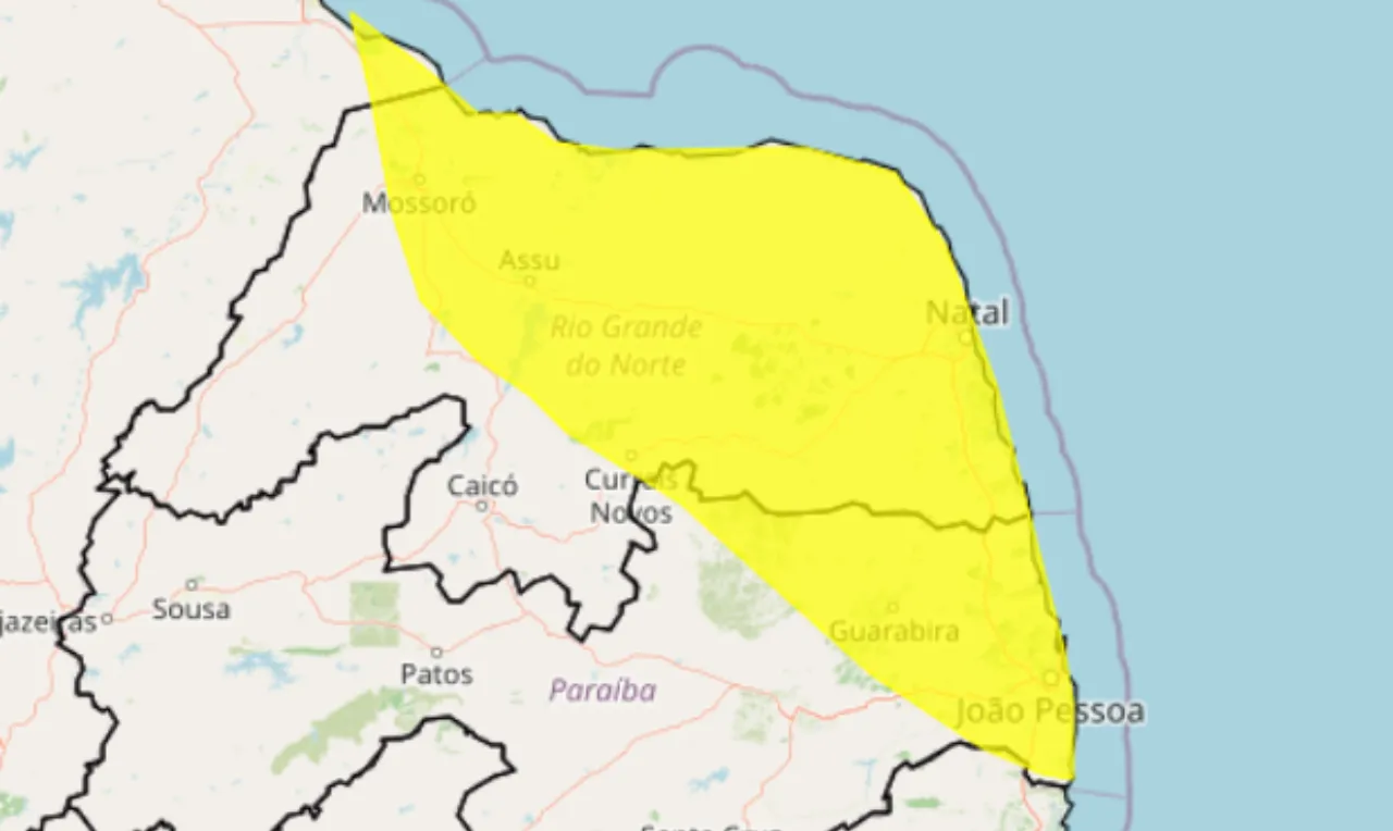 Imagem mostra as &aacute;reas em alerta amarelo para acumulado de chuva no Cear&aacute;, Rio Grande do Norte e Para&iacute;ba.
