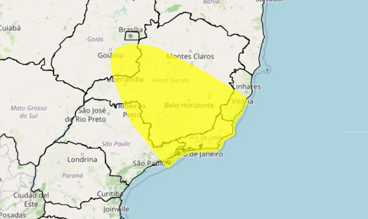 O mapa mostra as &aacute;reas em alerta para chuva intensa