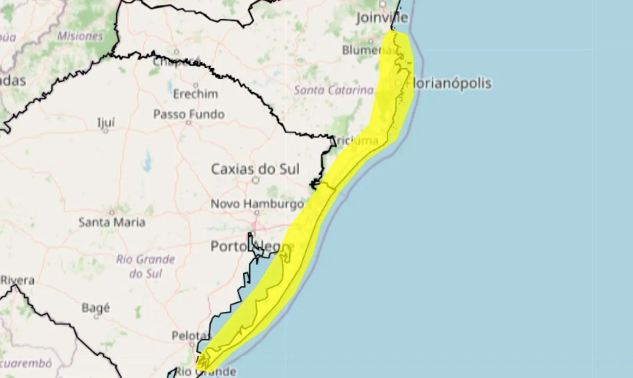o mapa mostra as &aacute;reas em alerta para ventos costeiros