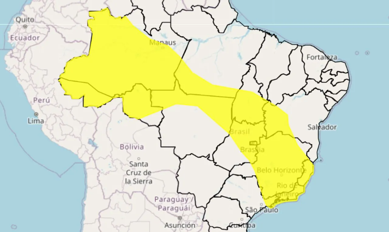 O mapa mostra as &aacute;reas em alerta para chuva intensa
