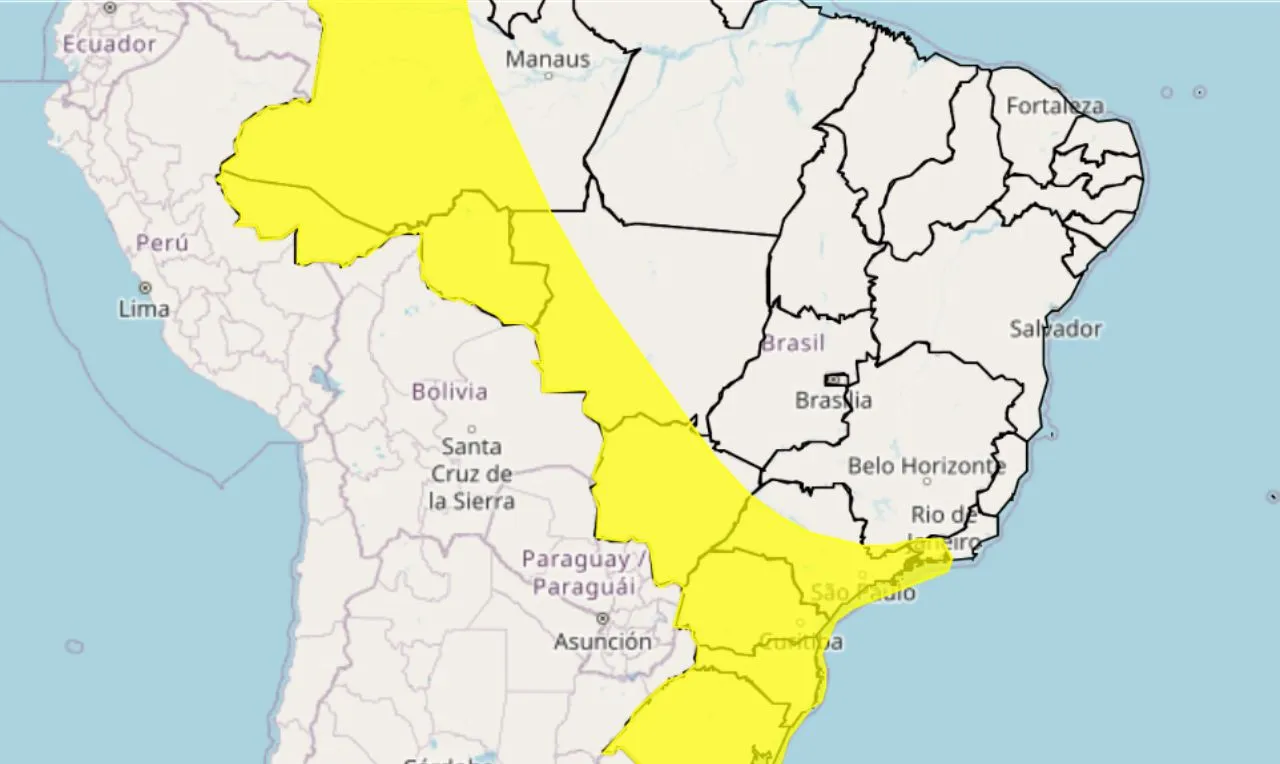 O mapa mostra as &aacute;reas em alerta para chuva intensa