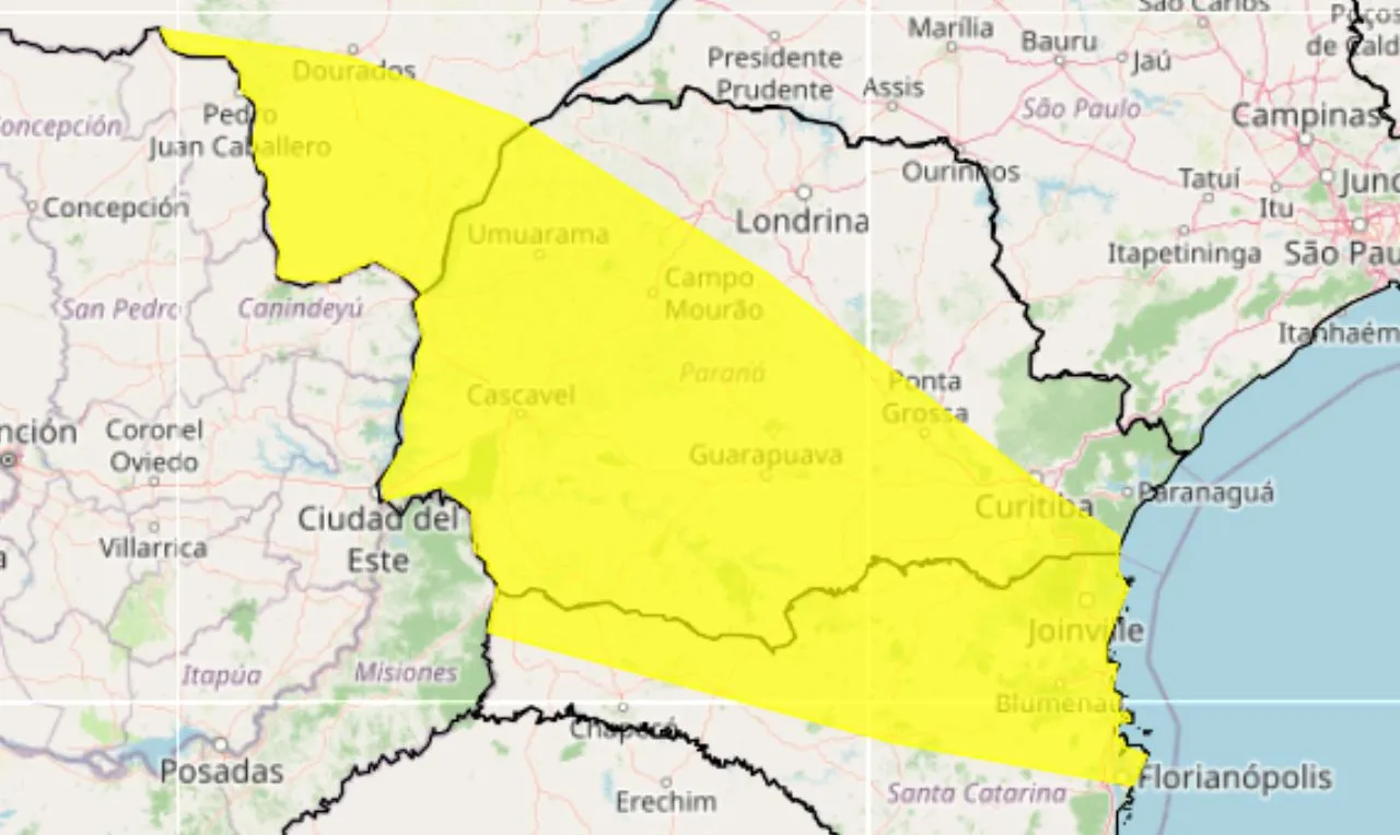 O mapa mostra as &aacute;reas em alerta para chuva intensa