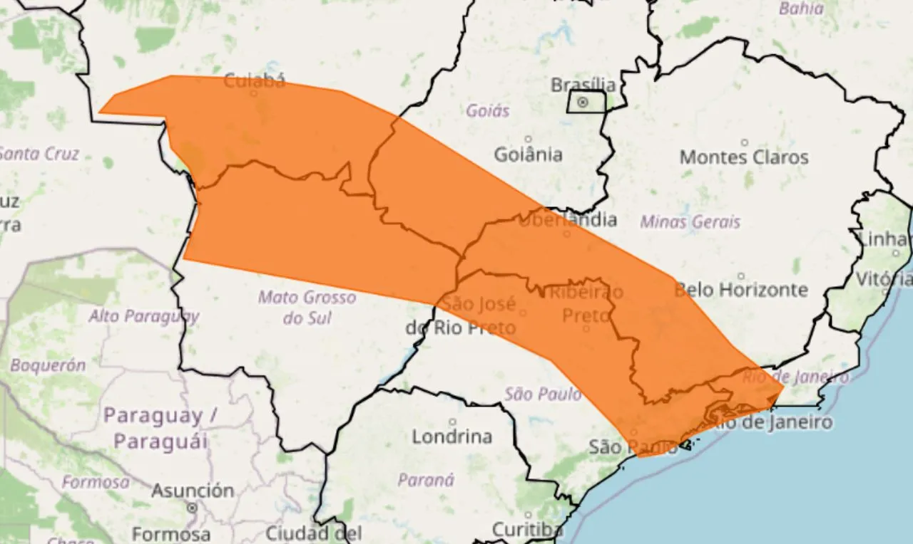 o mapa mostra as &aacute;reas em alerta para chuva intensa e granizo