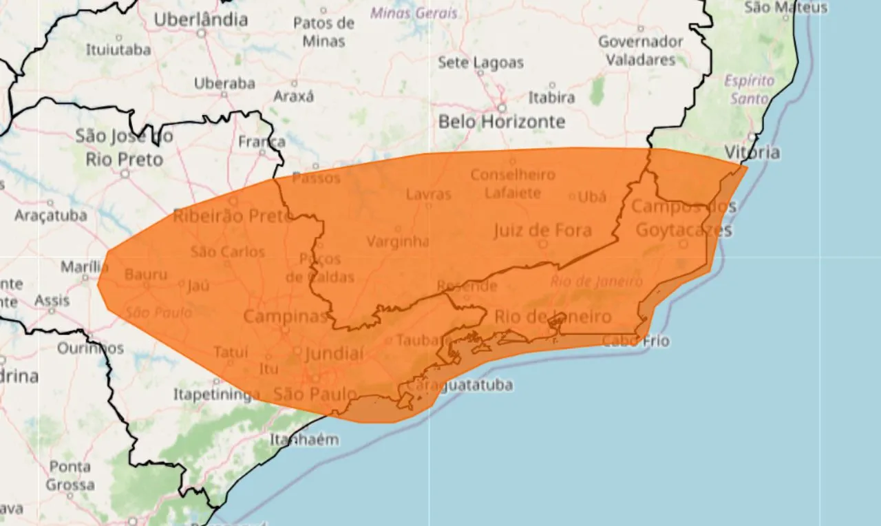 O mapa mostra as &aacute;reas em alerta para chuva intensa, temporais e raios