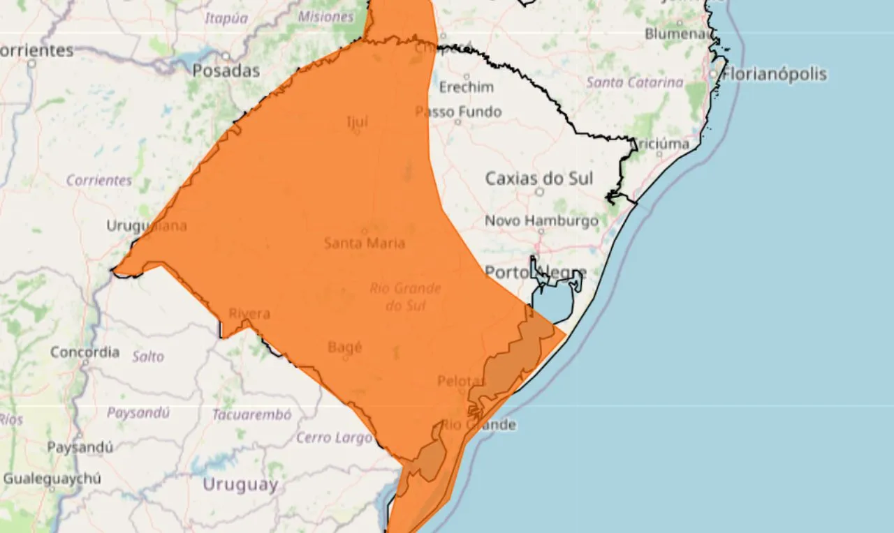 o mapa mostra as &aacute;reas em alerta para chuva intensa e ventos forte para RS, PR e SC