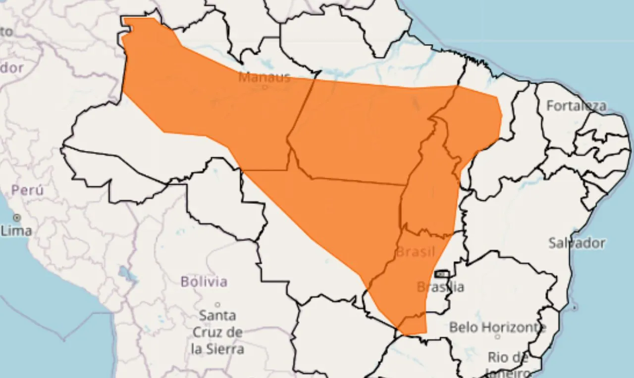 O mapa mostra as &aacute;reas em alerta para chuva intensa e ventos