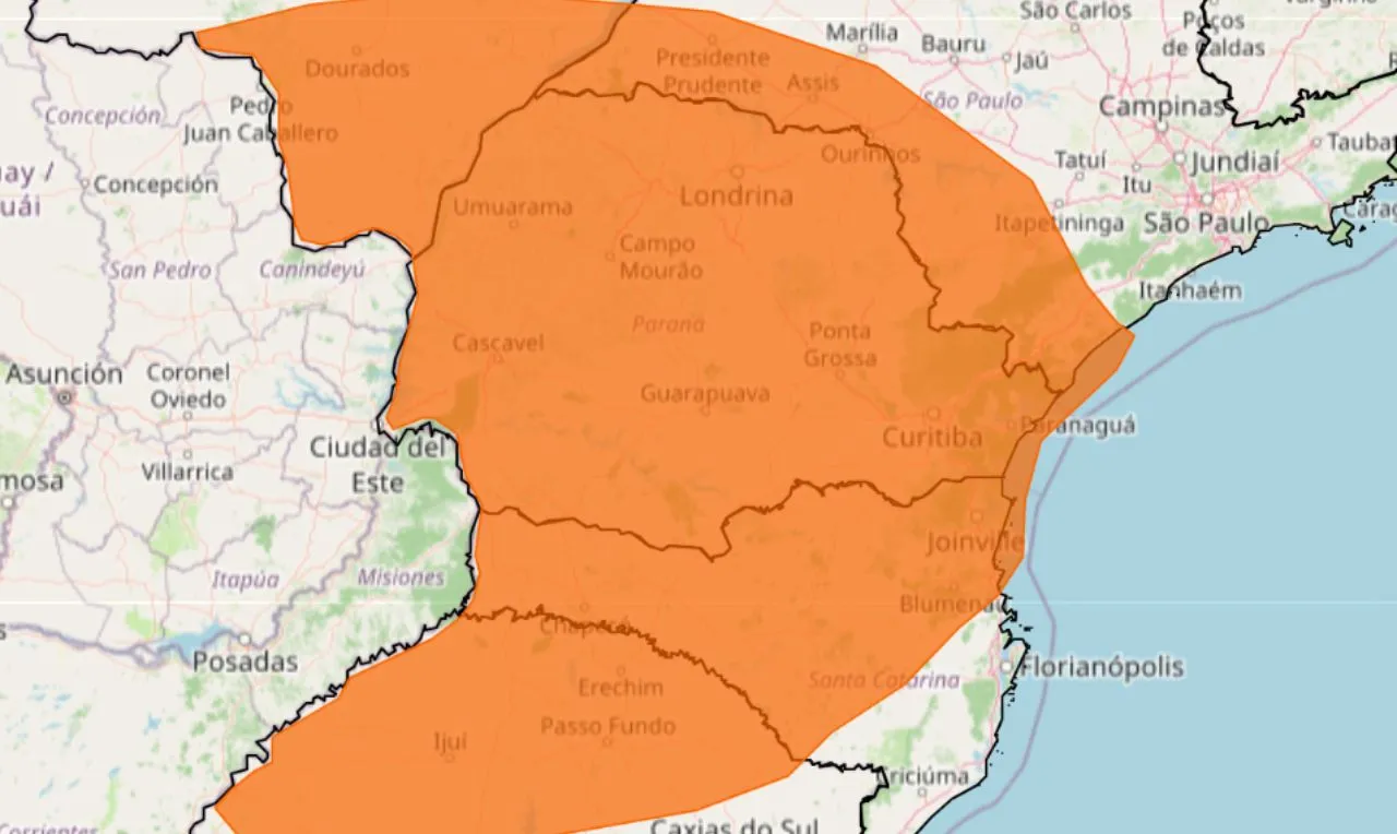 o mapa mostra as &aacute;reas em alerta para chuva intensa