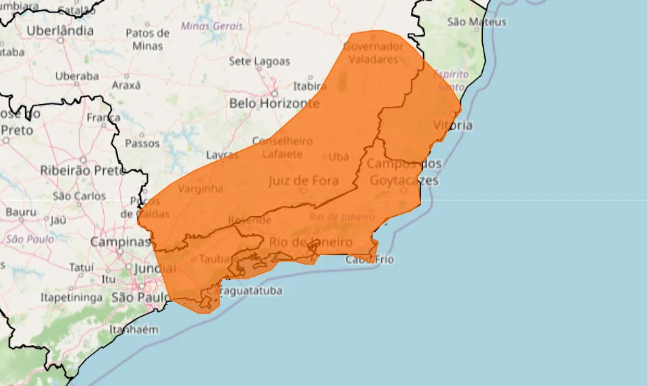 o mapa mostra as &aacute;reas em alerta para laranja