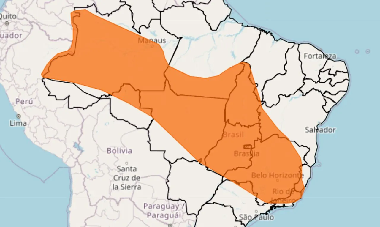 o mapa mostra &agrave;s &aacute;reas em alerta para temporais intenso e chuva severa em grande parte do Brasil