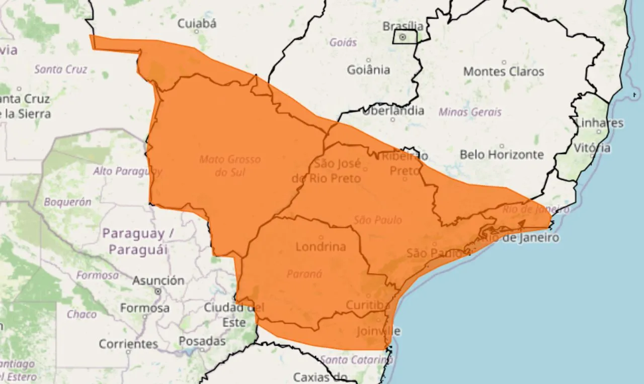 o mapa mostra as &aacute;reas em alerta para chuva intensa, ventos e temporais
