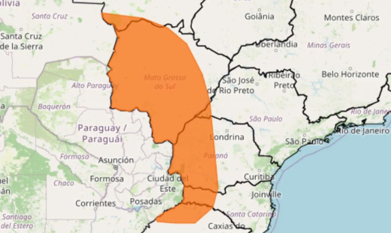 o mapa mostra as &aacute;reas em alerta para chuva intensa