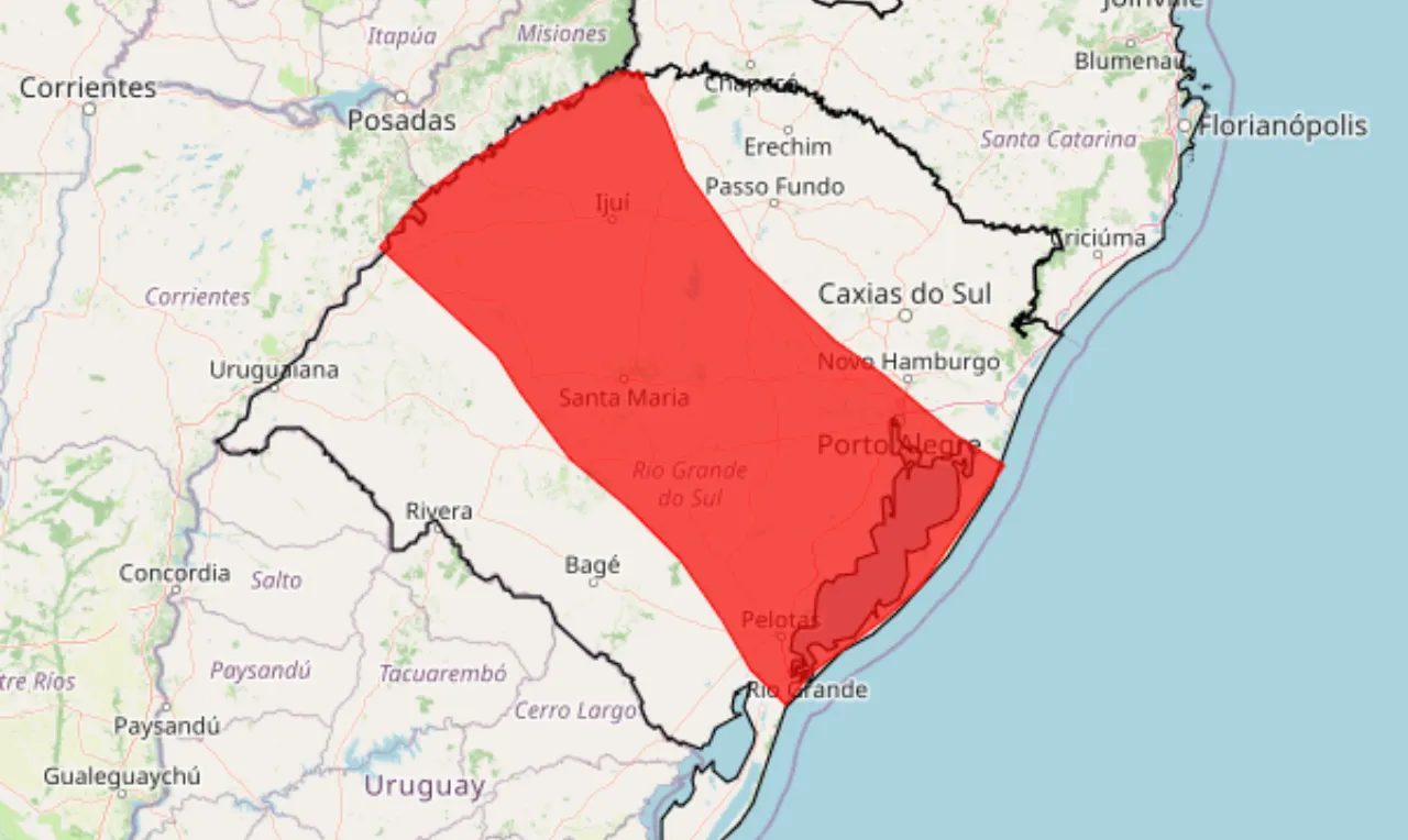 A imagem mostra &aacute;rea de alerta vermelho para acumulado de chuva em mais de 200 cidades do Rio Grande do Sul