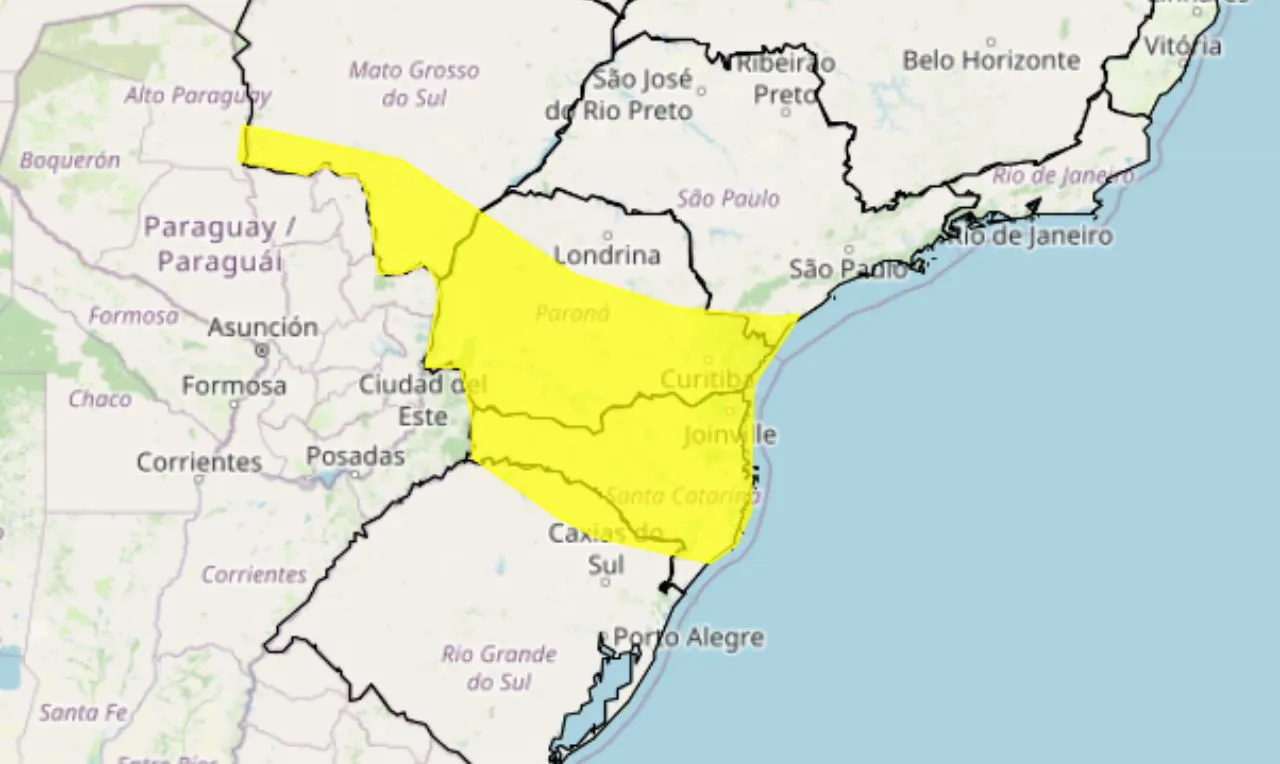 o mapa mostra as áreas em alerta para tempestade e ventos intensos