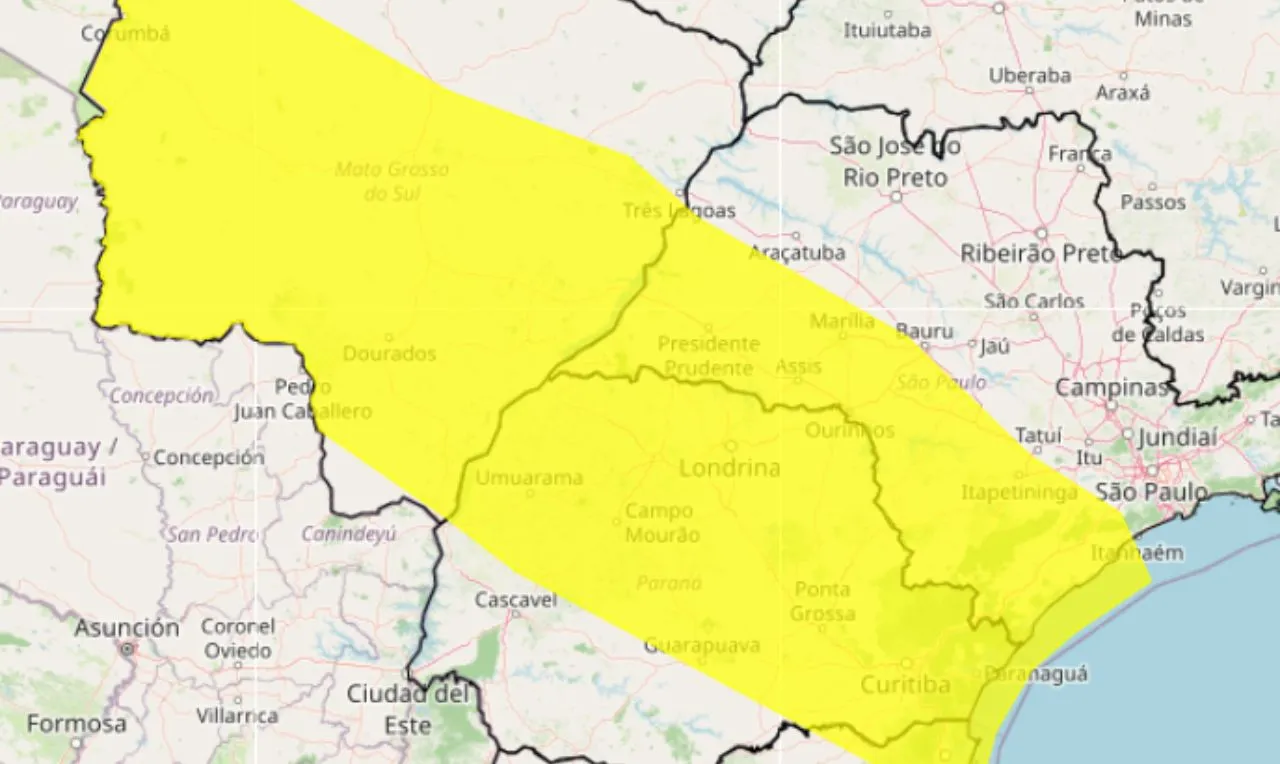 o mapa mostra as &aacute;reas em alerta para chuva intensa e ventos forte