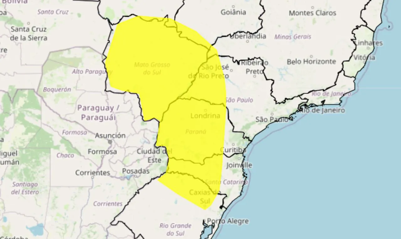 o mapa mostra as áreas em alerta para temporais