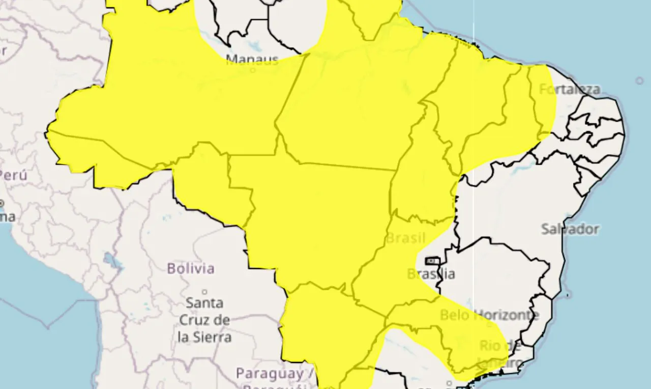 o mapa mostra as &aacute;reas em alerta amarelo para chuva intensa