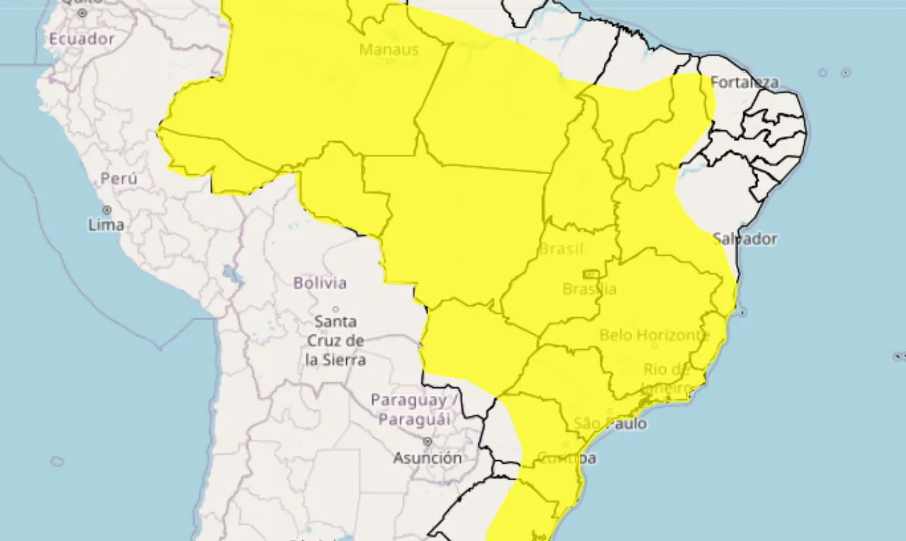 O mapa mostra &agrave;s &aacute;reas em alerta amarelo