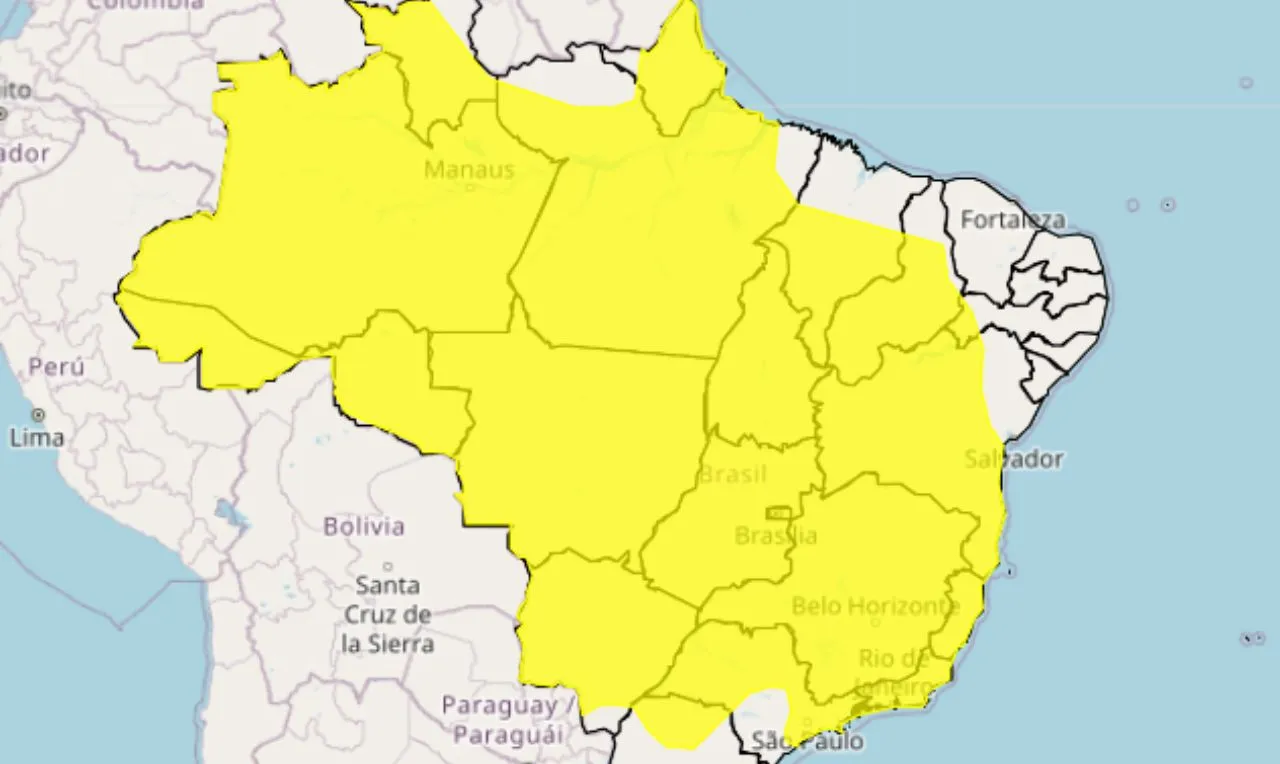 o mapa mostra &agrave;s &aacute;reas em alerta para chuva intensa