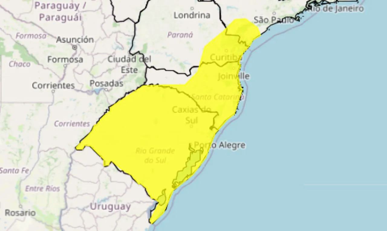O mapa mostra &agrave;s &aacute;reas em alerta amarelo para decl&iacute;nio de temperatura