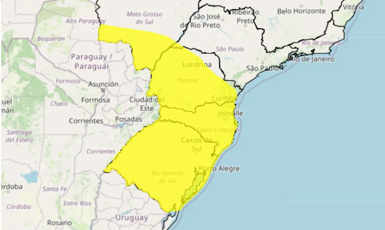 O mapa mostra as &aacute;reas em alerta para temporais