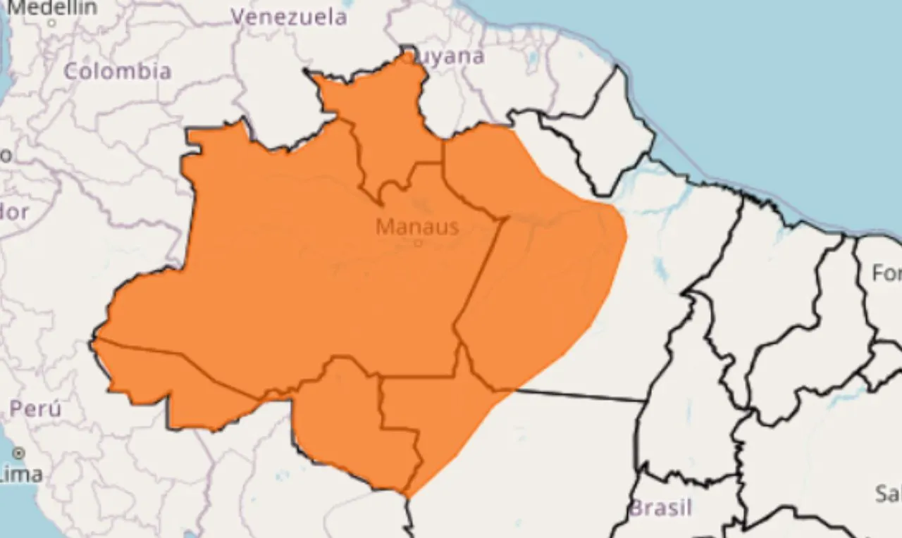 o mapa mostra as &aacute;reas em alerta para chuva intensa e ventos