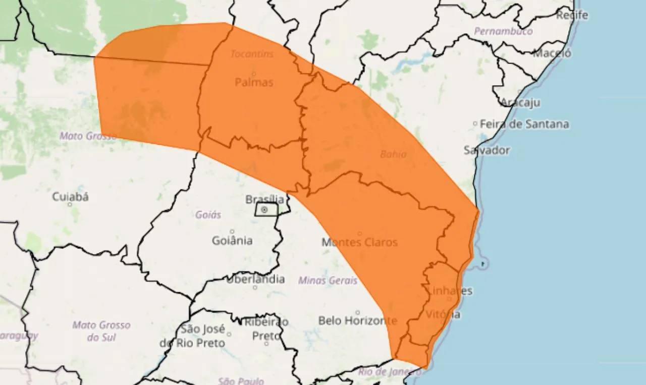 o mapa mostra as &aacute;reas em alerta laranja para temporais