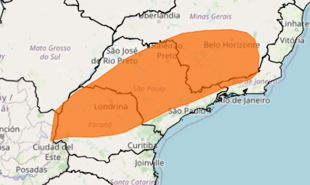 o mapa mostra as áreas em alerta para chuva intensa e ventos