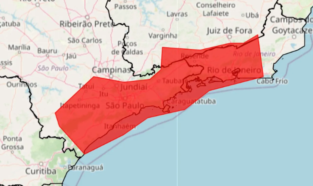 o mapa mostra as &aacute;reas em alerta vermelho para chuva significativas