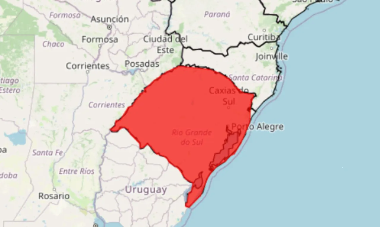 O mapa mostra as &aacute;reas em alerta para chuva intensa e ventos em nessas regi&otilde;es